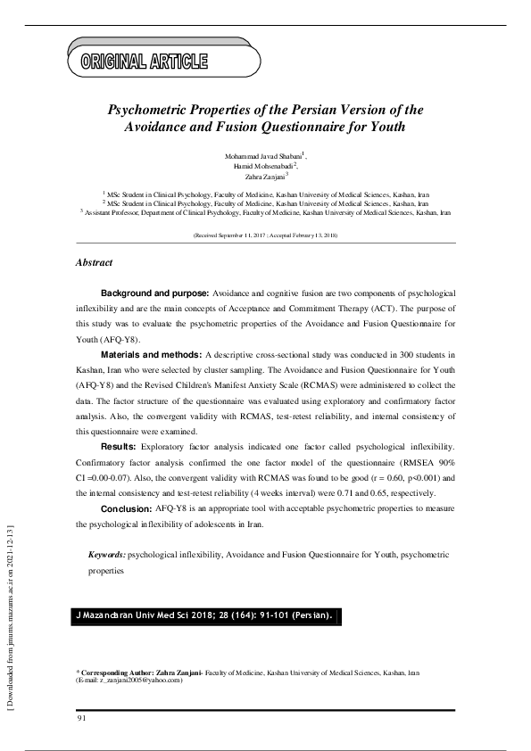 (PDF) Psychometric properties of the persian version of the avoidance ...
