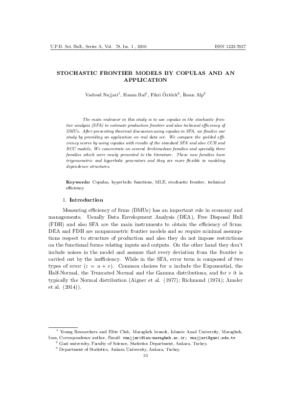 (PDF) Stochastic Frontier Models by Copulas and an Application