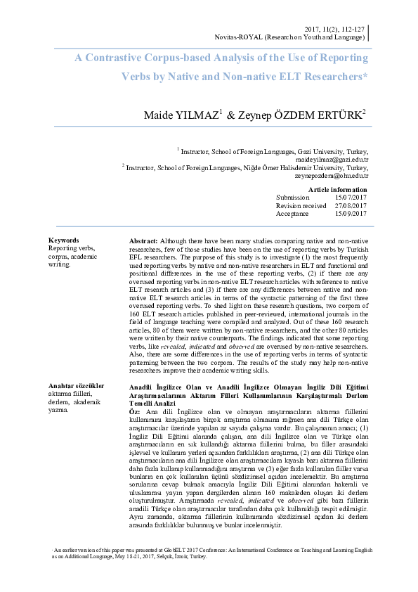 (PDF) A Contrastive Corpus-Based Analysis of the Use of Reporting Verbs ...