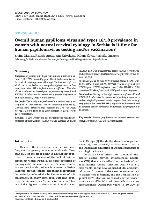 (PDF) Overall human papilloma virus and types 16/18 prevalence in women ...