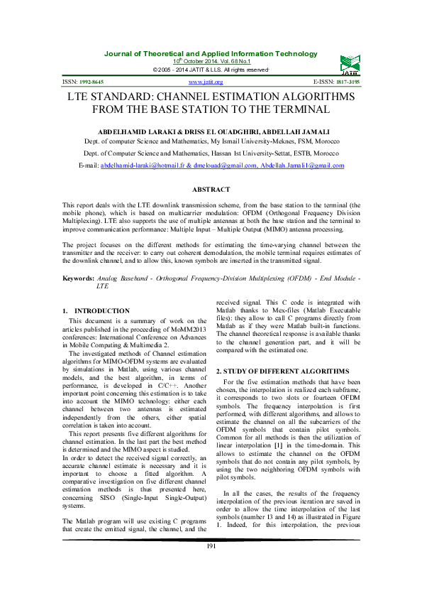 (PDF) Lte Standard: Channel Estimation Algorithms from the Base Station ...