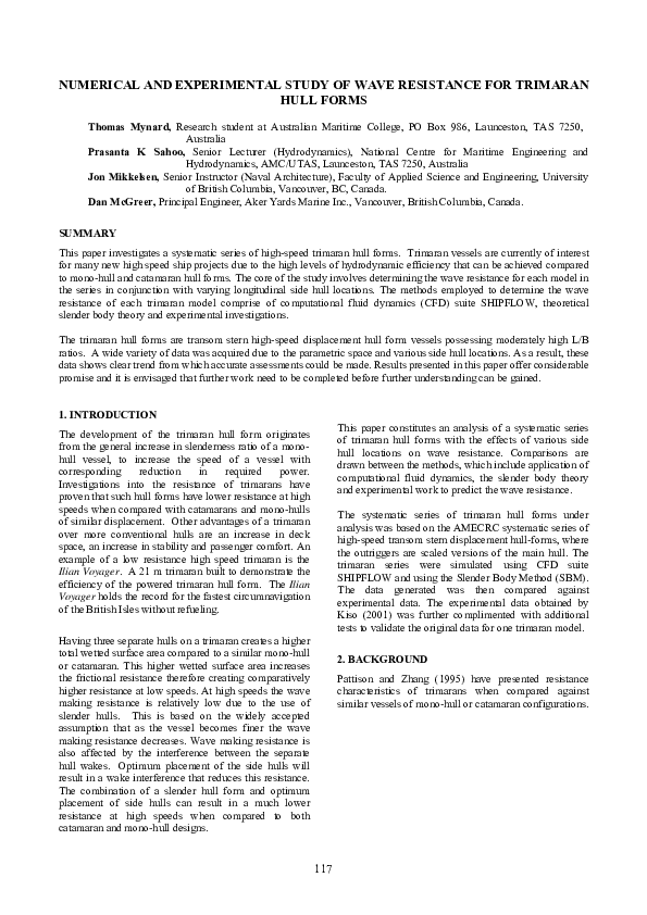 (PDF) Numerical and experimental study of wave resistance for trimaran ...