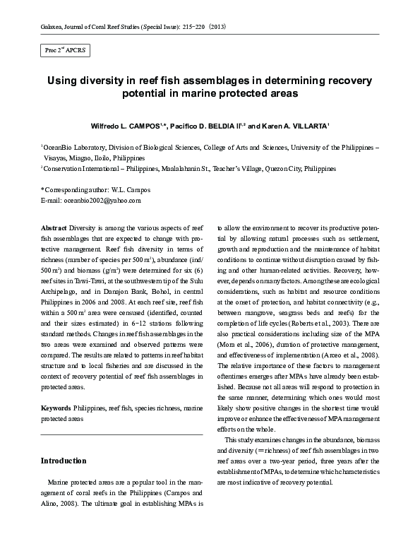 (PDF) Using diversity in reef fish assemblages in determining recovery ...