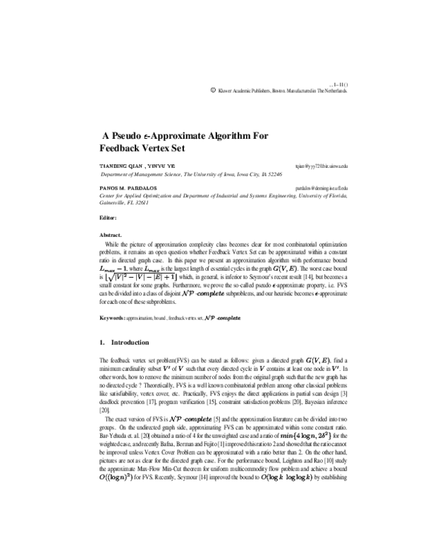 (PDF) A Pseudo epsilon-Approximate Algorithm For Feedback Vertex Set