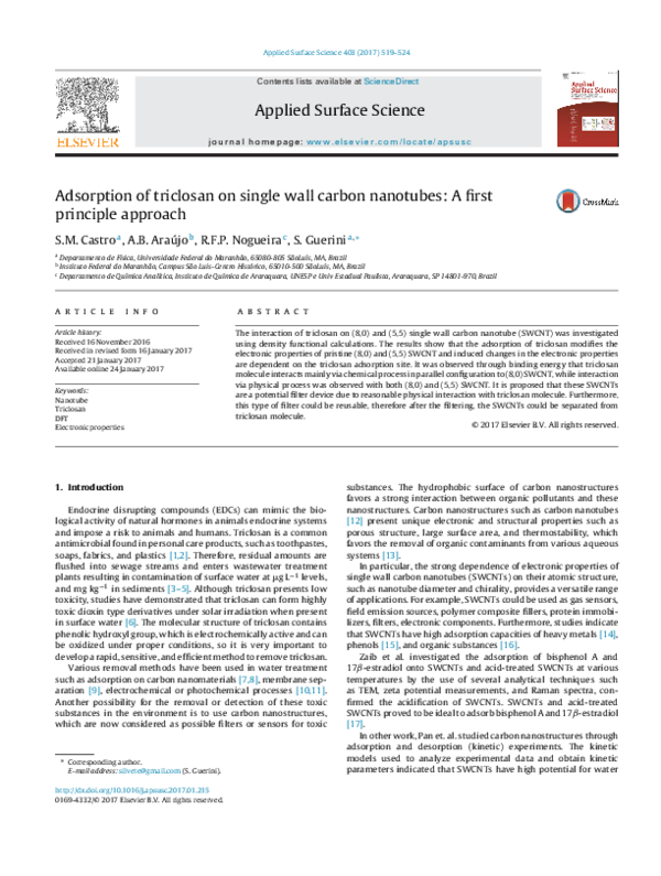 (PDF) Adsorption of triclosan on single wall carbon nanotubes: A first ...