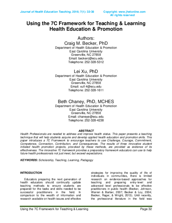 (PDF) Using the 7C Framework for Teaching & Learning Health Education ...