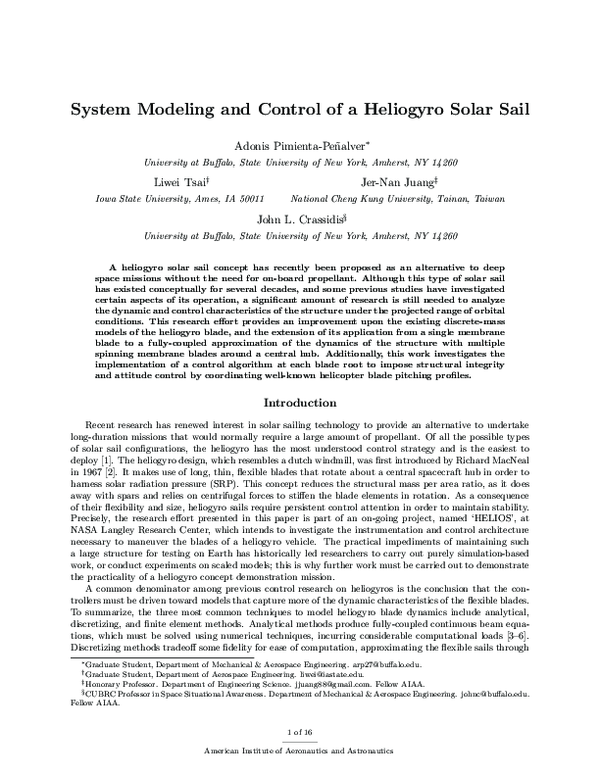 (PDF) System Modeling and Control of a Heliogyro Solar Sail | John ...