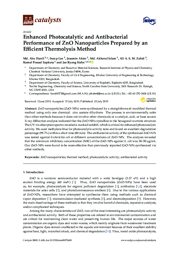 (PDF) Enhanced Photocatalytic and Antibacterial Performance of ZnO ...