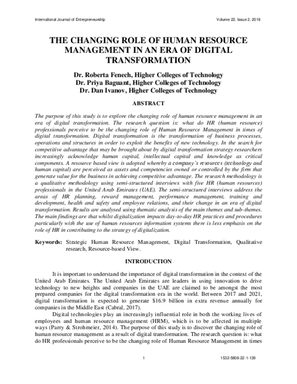 (PDF) The Changing Role of Human Resource Management in an Era of ...