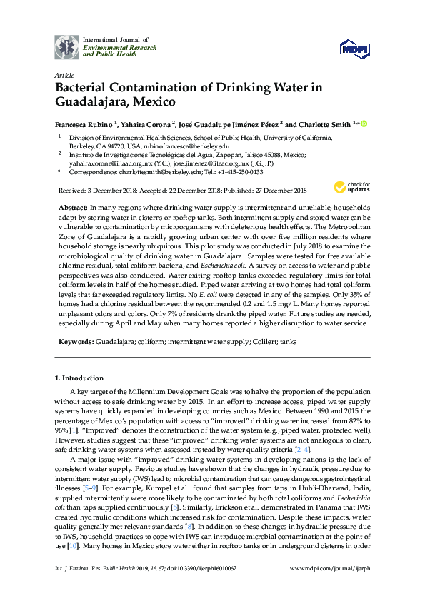 (PDF) Bacterial Contamination of Drinking Water in Guadalajara, Mexico