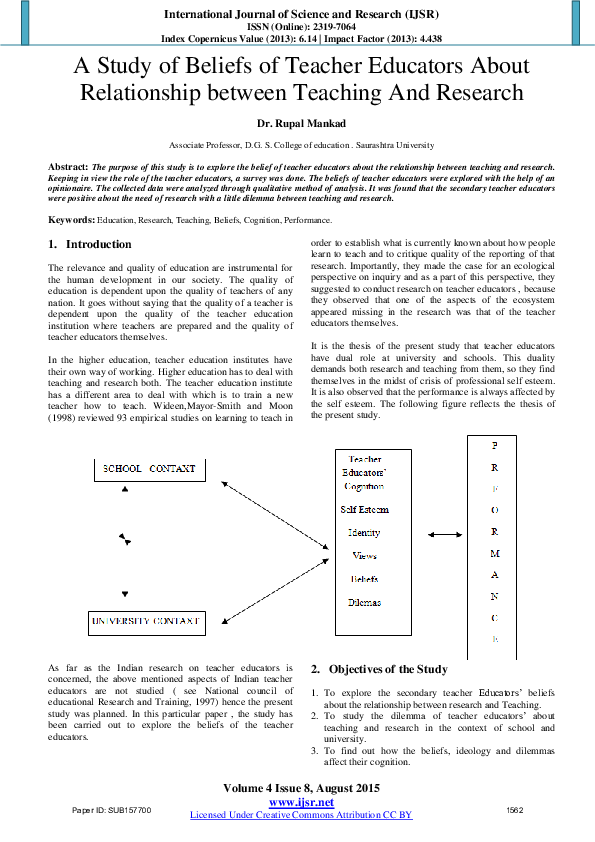 (PDF) A Study of Beliefs of Teacher Educators About Relationship ...