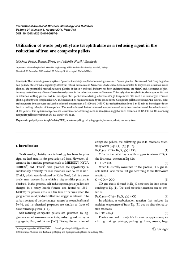 (PDF) Utilization of waste polyethylene terephthalate as a reducing ...