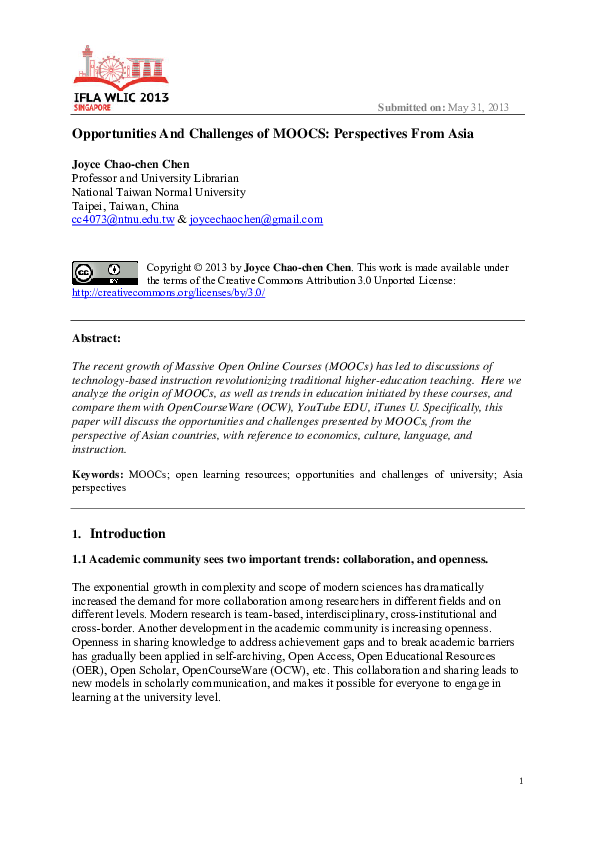 (PDF) Opportunities and challenges of MOOCs: perspectives from Asia
