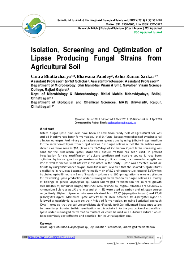 (PDF) Isolation , Screening and Optimization of Lipase Producing Fungal ...