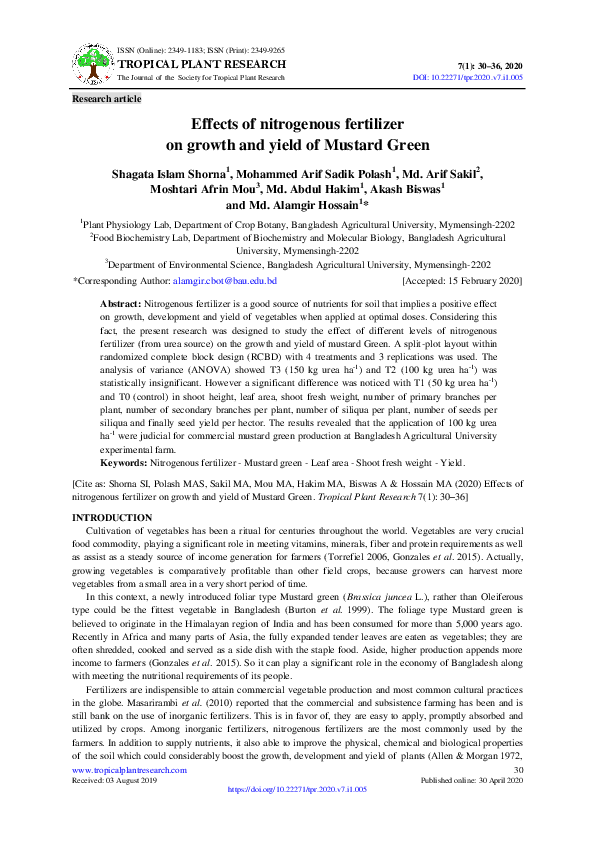 (PDF) Effects of nitrogenous fertilizer on growth and yield of Mustard ...
