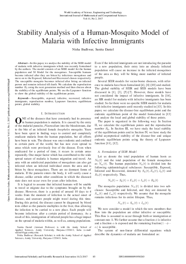 (PDF) Stability Analysis of a Human-Mosquito Model of Malaria with ...