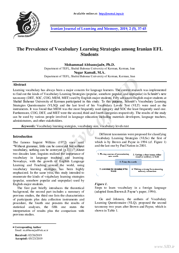 (PDF) The prevalence of vocabulary learning strategies among Iranian ...