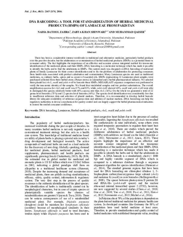 (PDF) Dna Barcoding: A Tool for Standardization of Herbal Medicinal ...