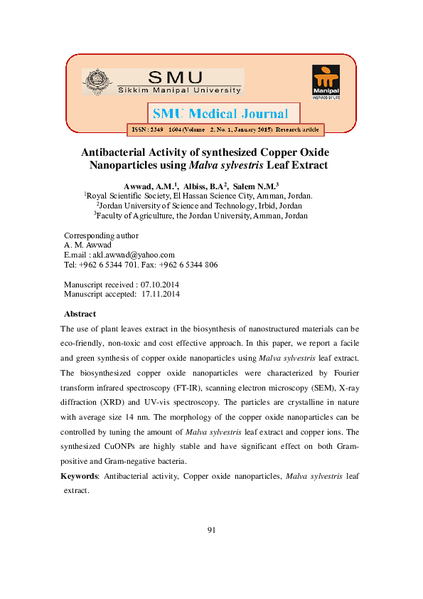 (PDF) Antibacterial Activity of synthesized Copper Oxide Nanoparticles ...