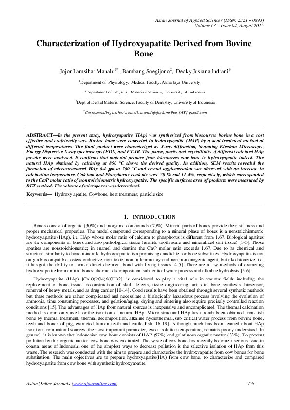 (PDF) Characterization of Hydroxyapatite derived from Bovine Bone