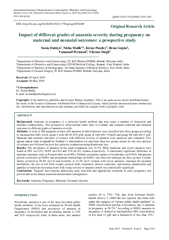 (PDF) Impact of different grades of anaemia severity during pregnancy ...