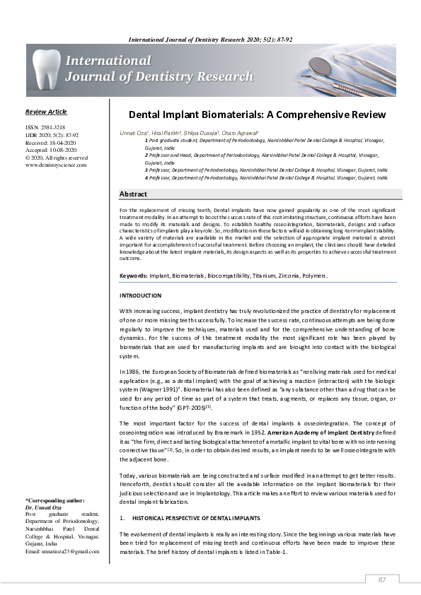 (PDF) Dental Implant Biomaterials A Comprehensive Review Hiral