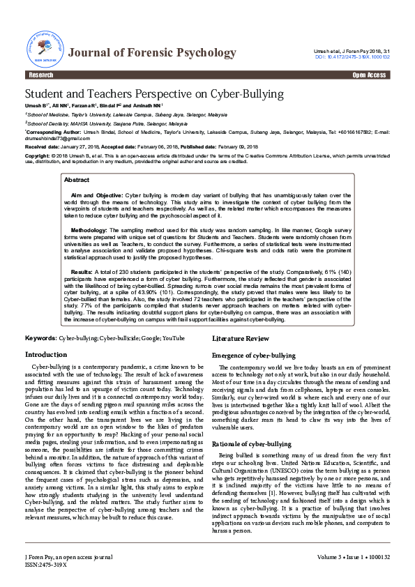 (PDF) Student and Teachers Perspective on Cyber-Bullying