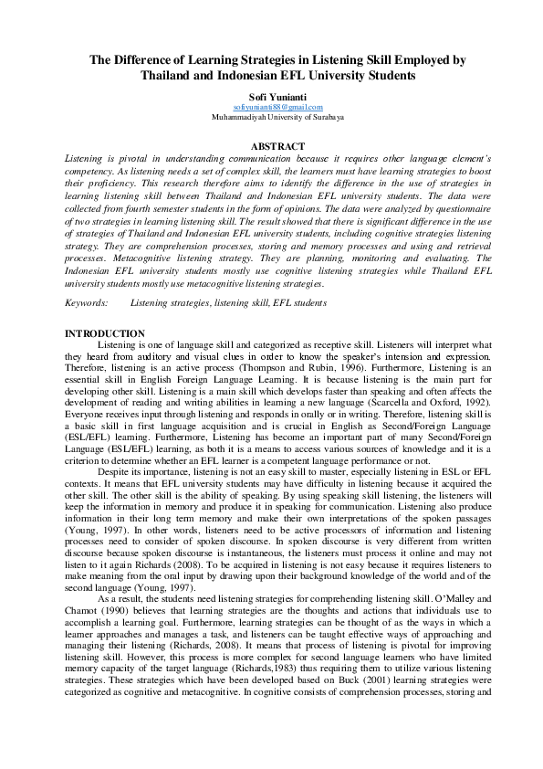 (PDF) The Difference of Learning Strategies in Listening Skill Employed ...
