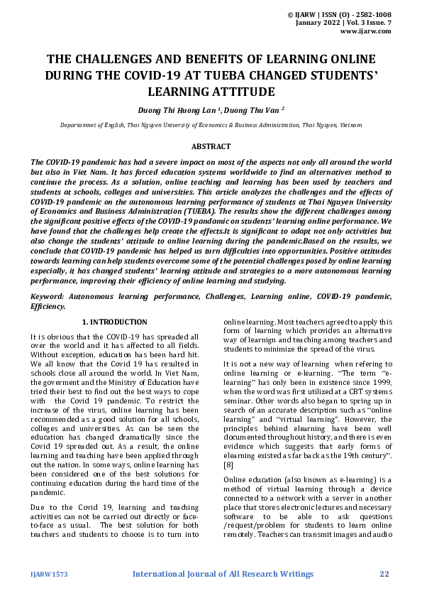 (PDF) THE CHALLENGES AND BENEFITS OF LEARNING ONLINE DURING THE COVID ...