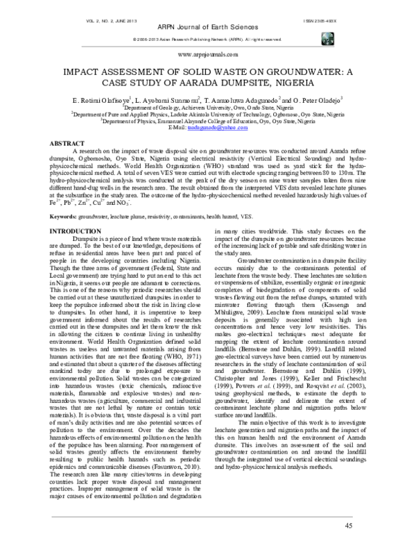 (PDF) Impact Assessment of Solid Waste on Groundwater: A Case Study of ...