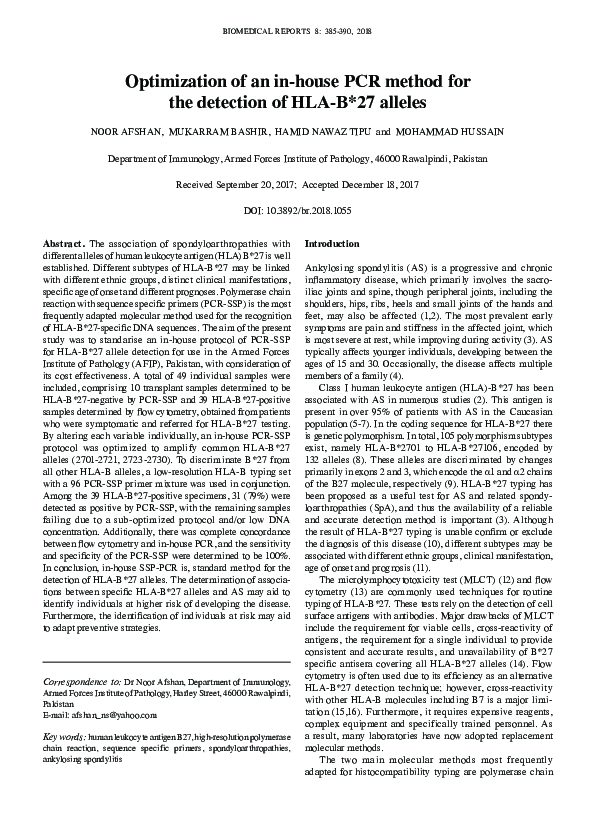 (PDF) Optimization of an in-house PCR method for the detection of HLA-B ...