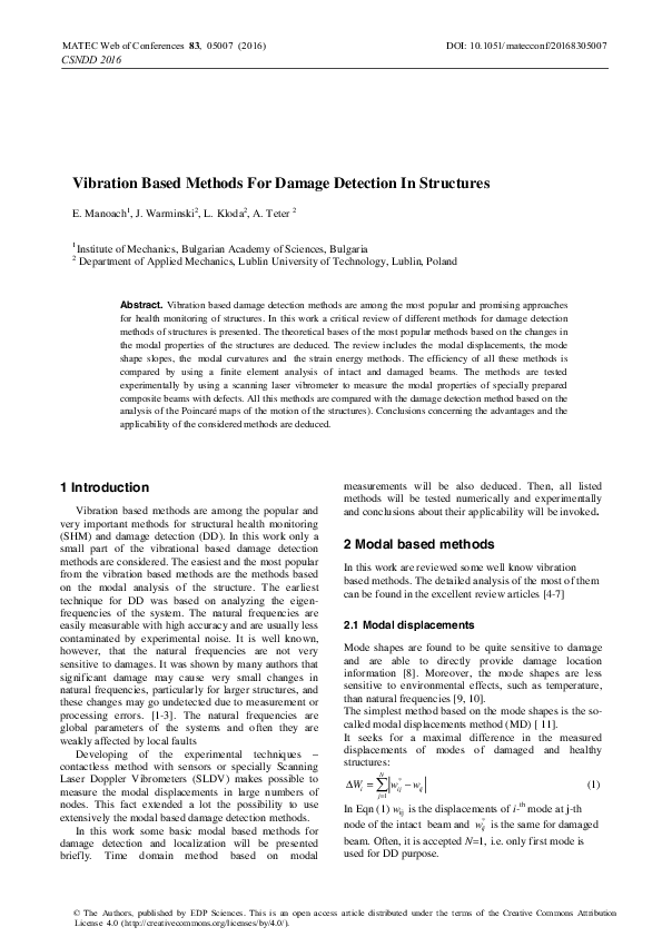 (PDF) Vibration Based Methods For Damage Detection In Structures
