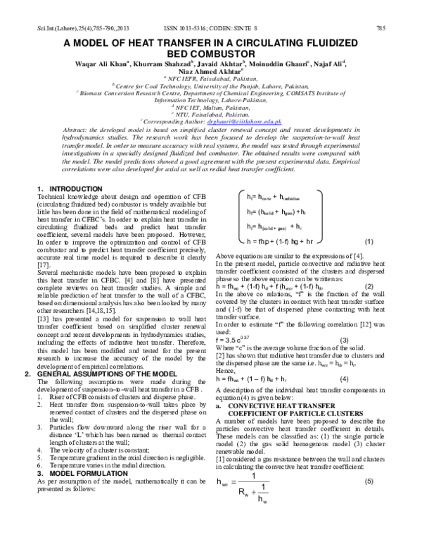 (PDF) A Model of Heat Transfer in a Circulating Fluidized Bed Combustor