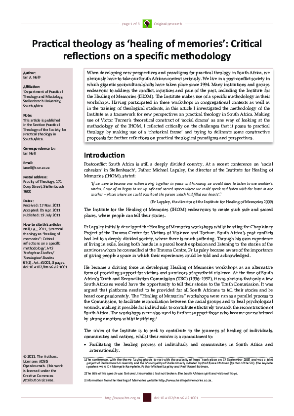 (PDF) Practical theology as ‘healing of memories’: Critical reflections ...