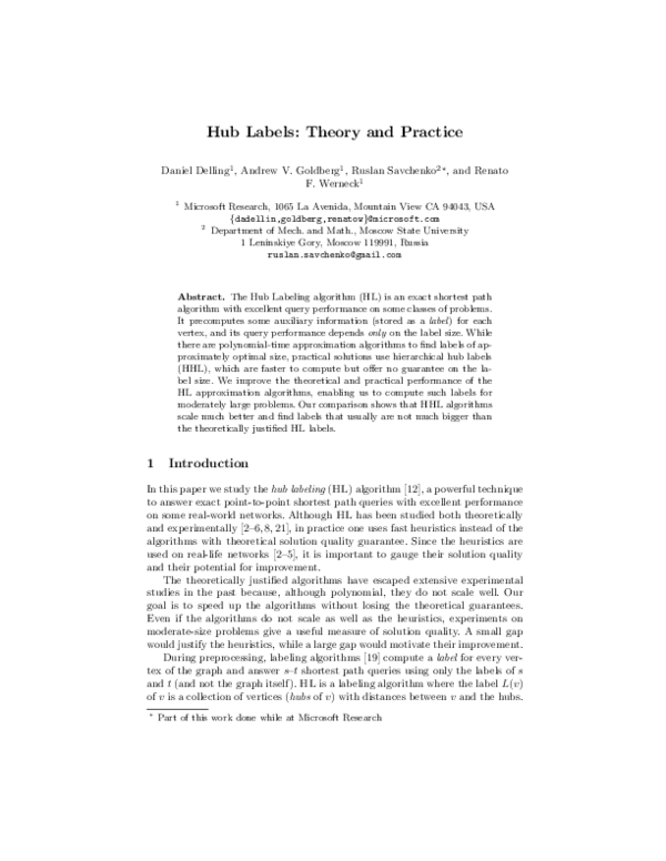 (PDF) Hub labels: Theory and practice