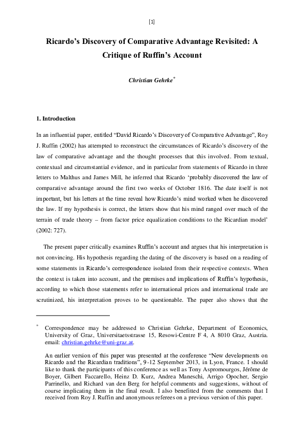 Ricardo's discovery of comparative advantage revisited: a critique of Ruffin's account