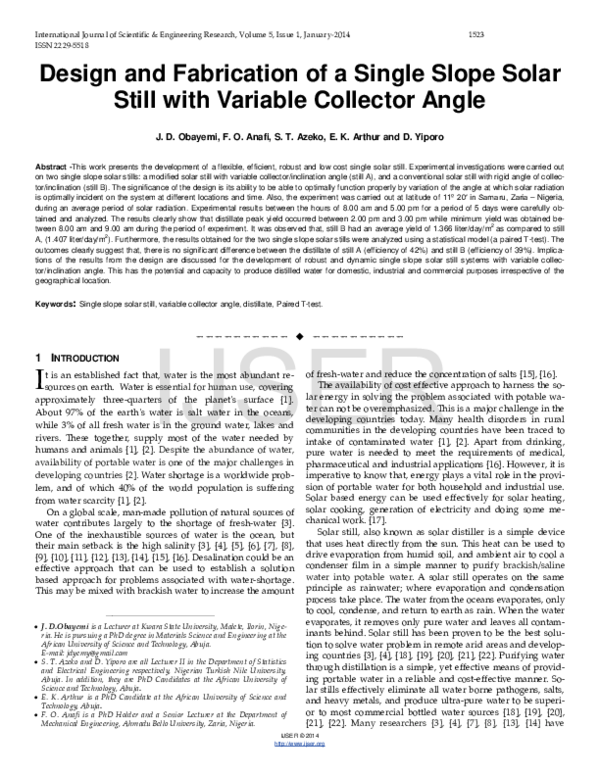 (PDF) Design and Fabrication of a Single Slope Solar Still with ...