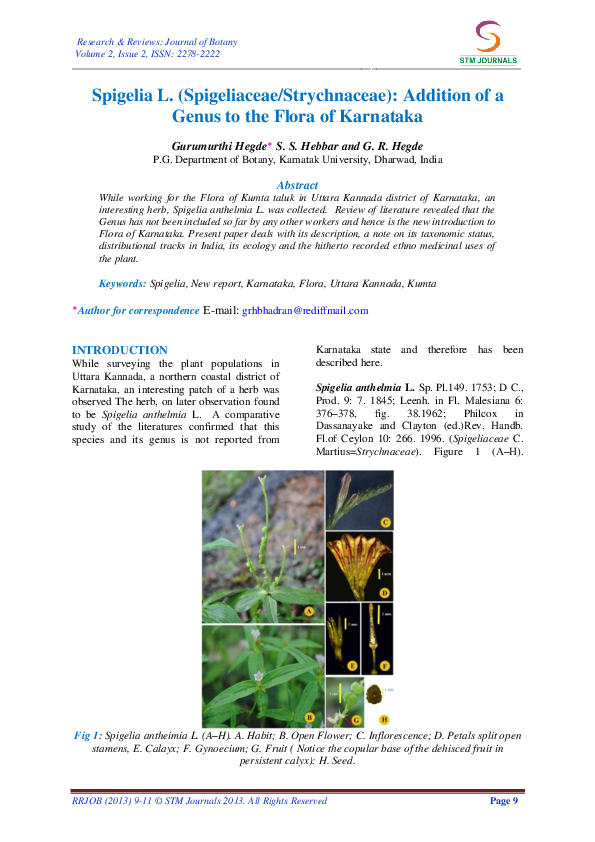 (PDF) Spigelia L. (Spigeliaceae/Strychnaceae): Addition of a Genus to ...
