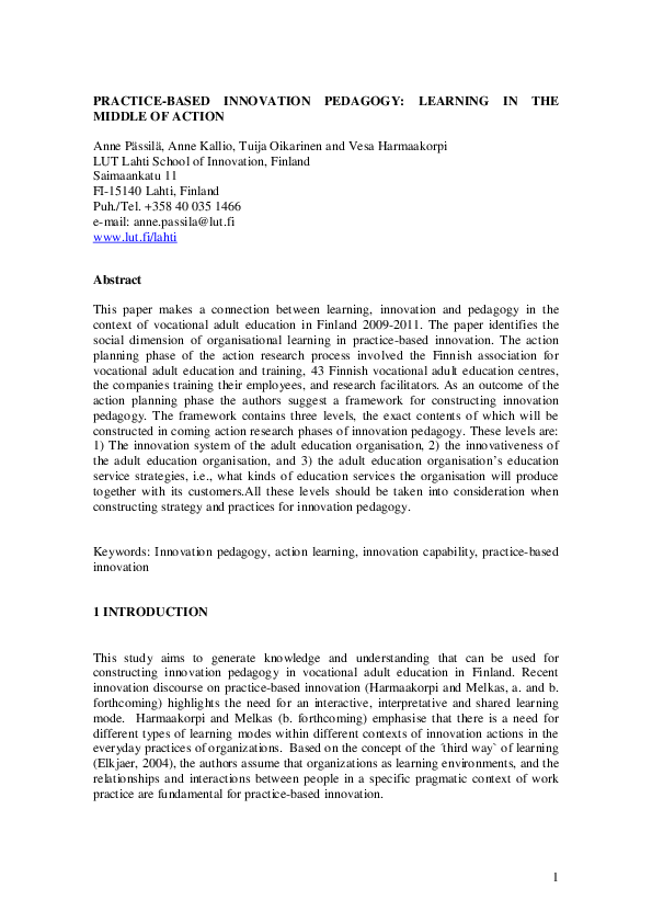 (PDF) 1 Practice-Based Innovation Pedagogy : Learning in the Middle of ...