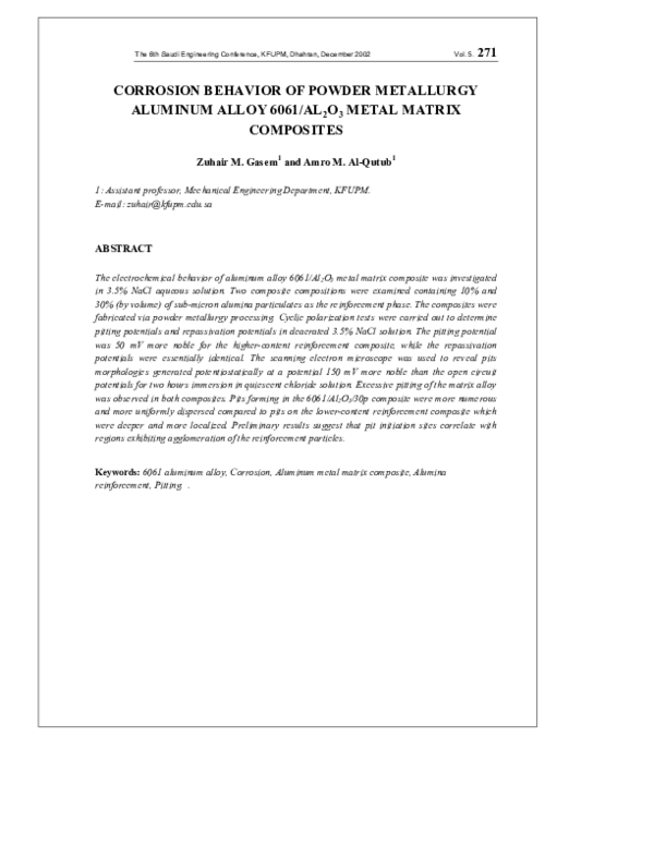 (PDF) Corrosion Behavior of Powder Metallurgy Aluminum Alloy 6061/AL2O3 ...