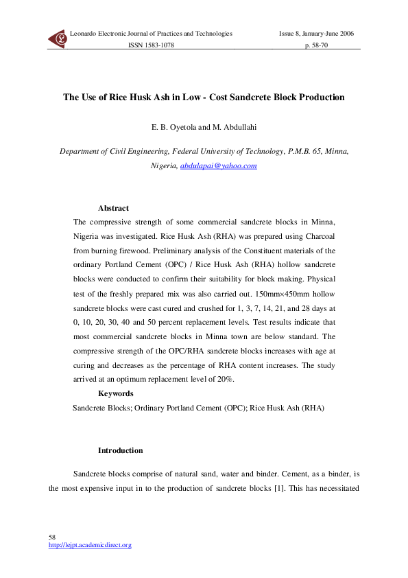 (PDF) The Use of Rice Husk Ash in Low - Cost Sandcrete Block Production