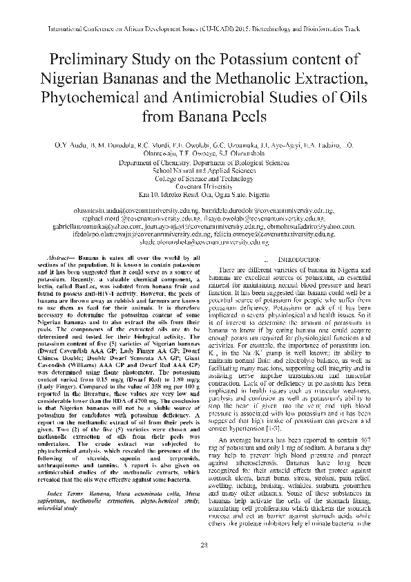 (PDF) Study on the Potassium content of Nigerian Bananas and the ... - Banana Peel Phytochemical Content Study Methods