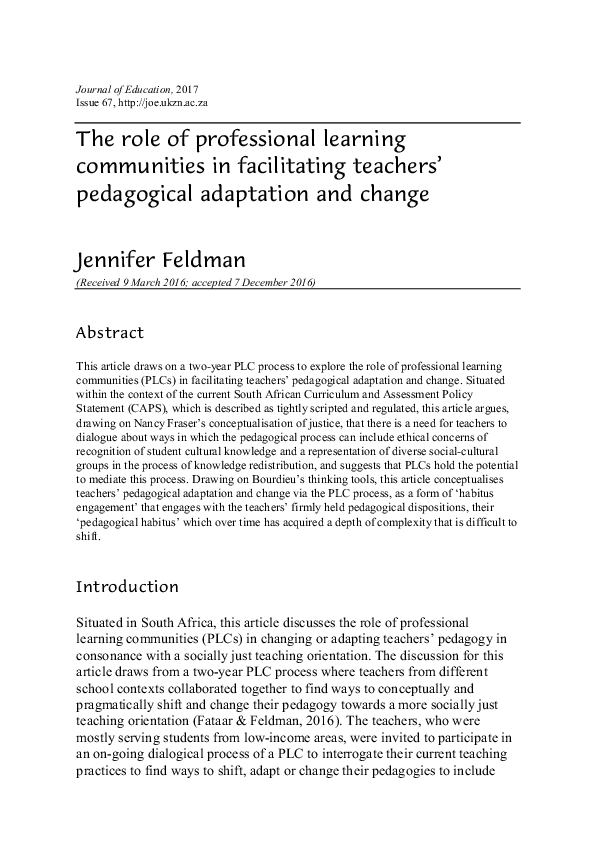 (PDF) The role of professional learning communities in facilitating ...