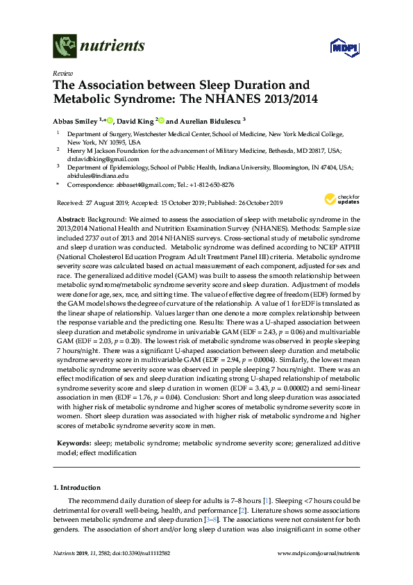 (PDF) The Association between Sleep Duration and Metabolic Syndrome ...
