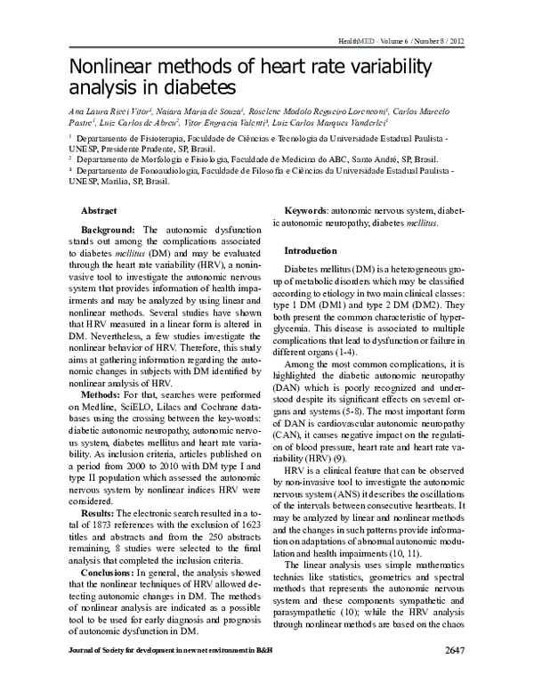 (PDF) Nonlinear methods of heart rate variability analysis in diabetes