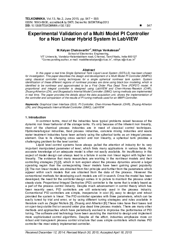 (PDF) Experimental Validation of a Multi Model PI Controller for a Non ...