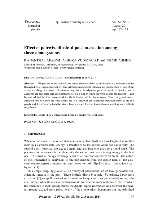 (PDF) Effect of pairwise Dipole - Dipole interaction among three atoms ...