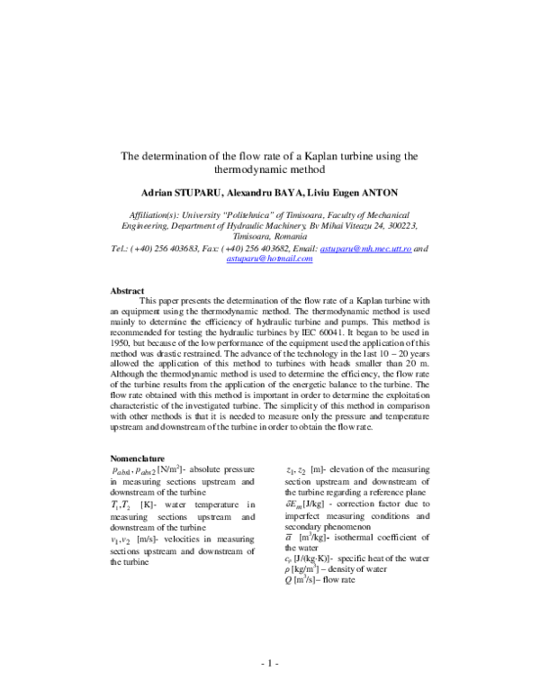 (PDF) The determination of the flow rate of a Kaplan turbine using the ...