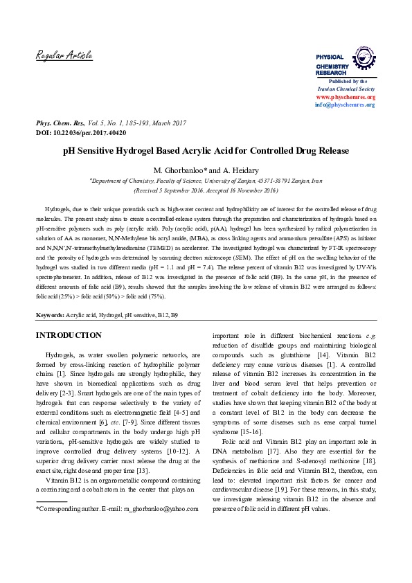 (PDF) pH Sensitive Hydrogel Based Acrylic Acid for Controlled Drug Release
