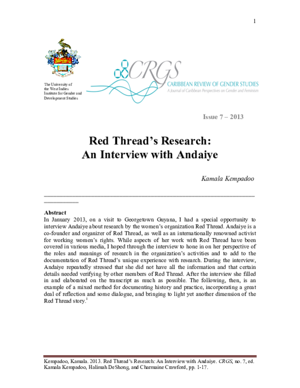 (PDF) Red Thread's Research: An Interview with Andaiye